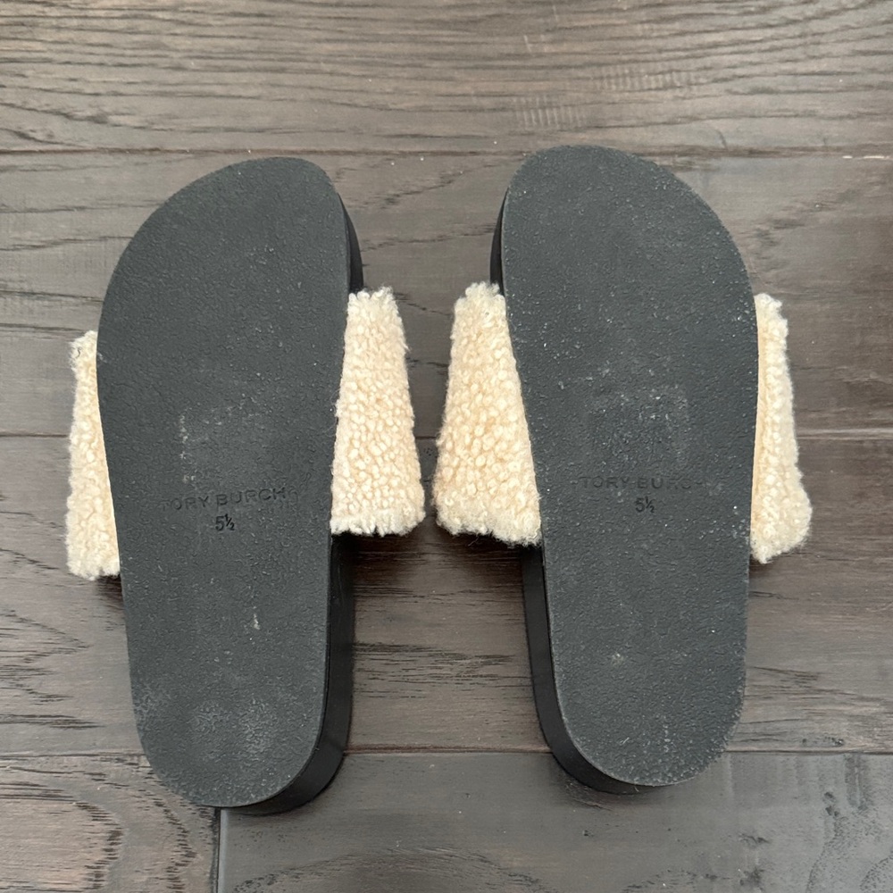 Tory Burch Cream and Black Fuzzy Slides - Picture 5 of 5